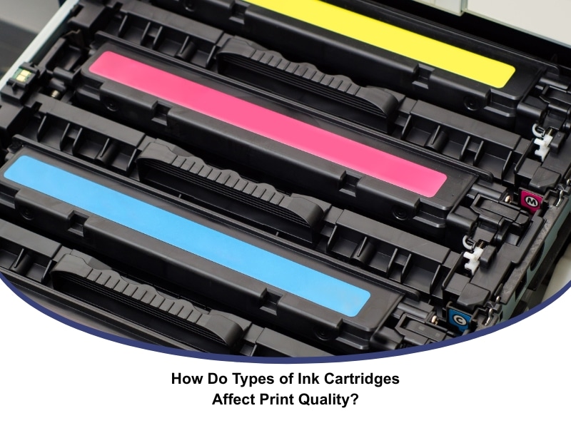 Different types of ink cartridges installed in a colour laser printer.