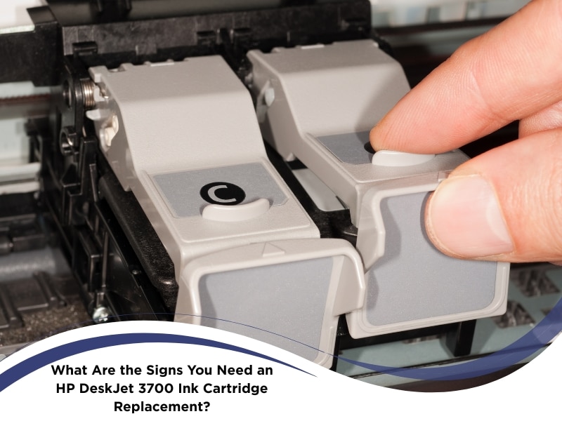 hp deskjet 3700 ink cartridge replacement showing person replacing colour ink cartridges inside printer.