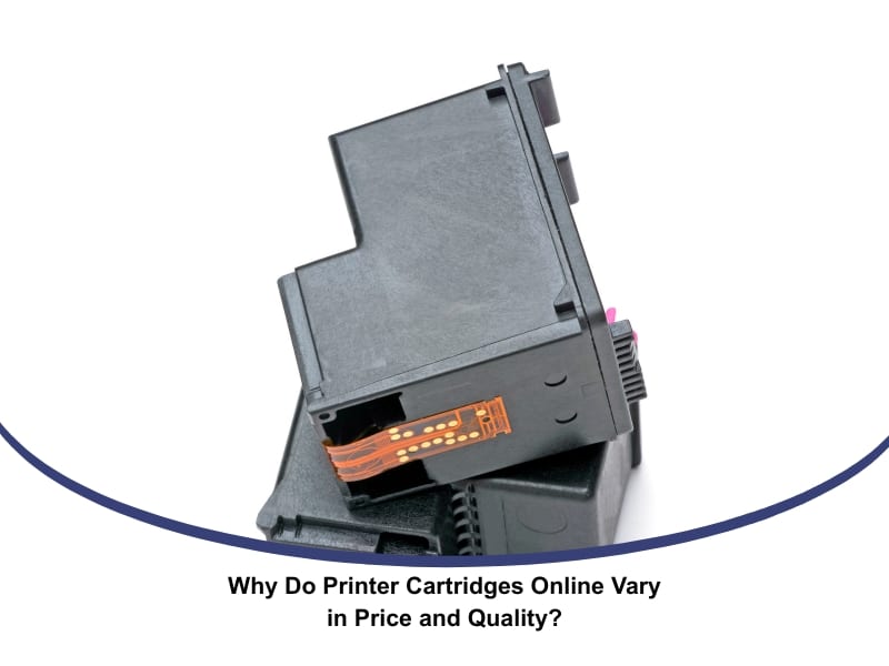 Printer Cartridges Online stacked black ink cartridges close-up showing copper chip connectors